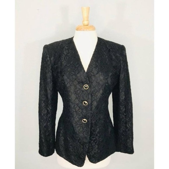 Vintage Oleg Cassini Black Lace Blazer Jacket Doily Eyelet Applique, 6 - Picture 1 of 10
